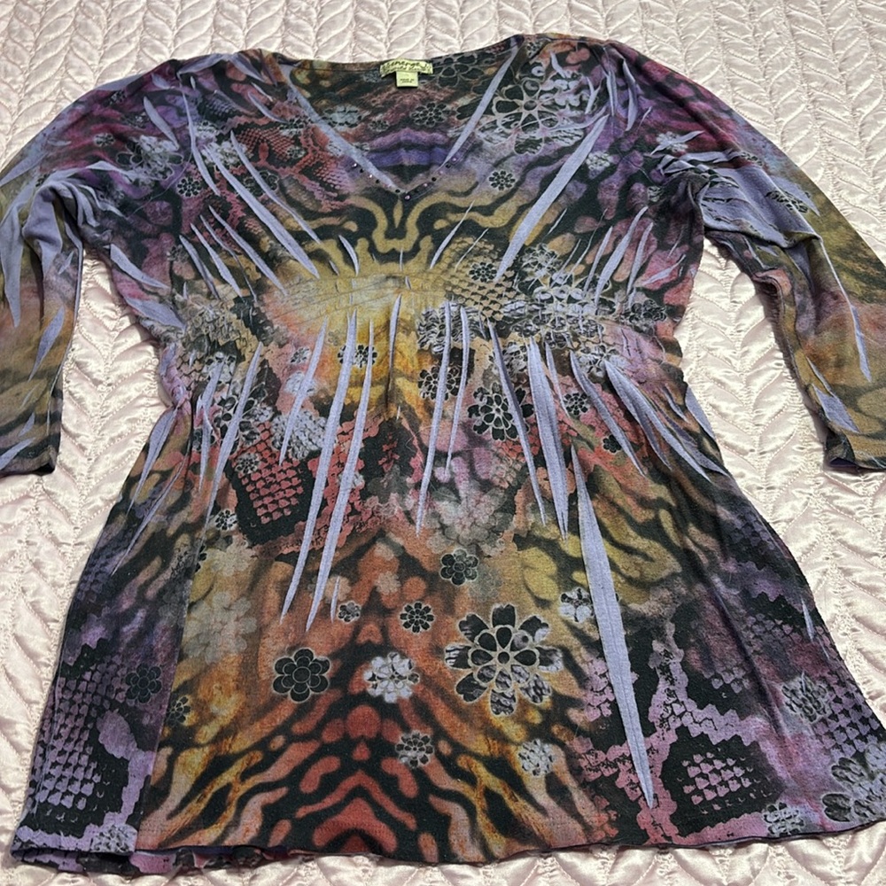 Energe Embellished Abstract Print Large. 3/4 Sleeve, Artsy purple/multi knit top